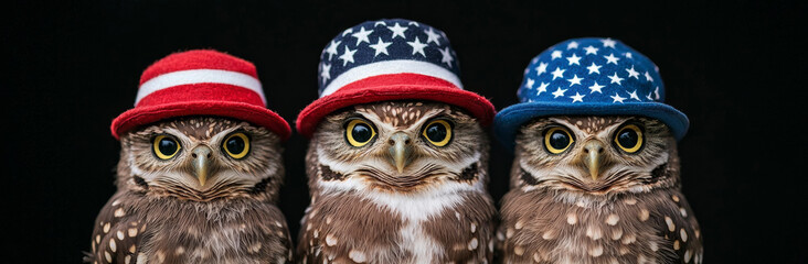 Three adorable owls wearing patriotic hats display charming and playful expression, perfect for celebrating festive occasion