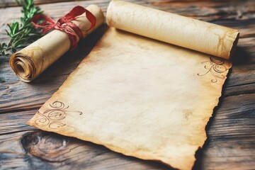 Antique parchment paper with ribbon rests on aged wooden surface