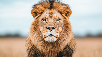 Majestic lion with thick mane, showcasing its powerful presence in natural habitat. lion intense gaze reflects strength and confidence