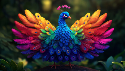 Obraz premium vibrant and colorful peacock displays its magnificent feathers lush, green environment, showcasing stunning array of colors and intricate patterns
