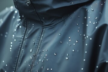 A close up view of a dark jacket with raindrops on it