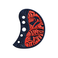 Abstract Crescent Moon Shaped Ornament with Intricate Red and Blue Carving Design