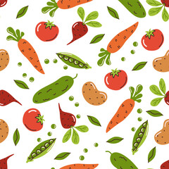 Vector seamless pattern with hand-drawn colorful vegetables. Background print with tomatoes, cucumbers, carrots, potatoes, peas and beets. Useful ingredients for healthy food