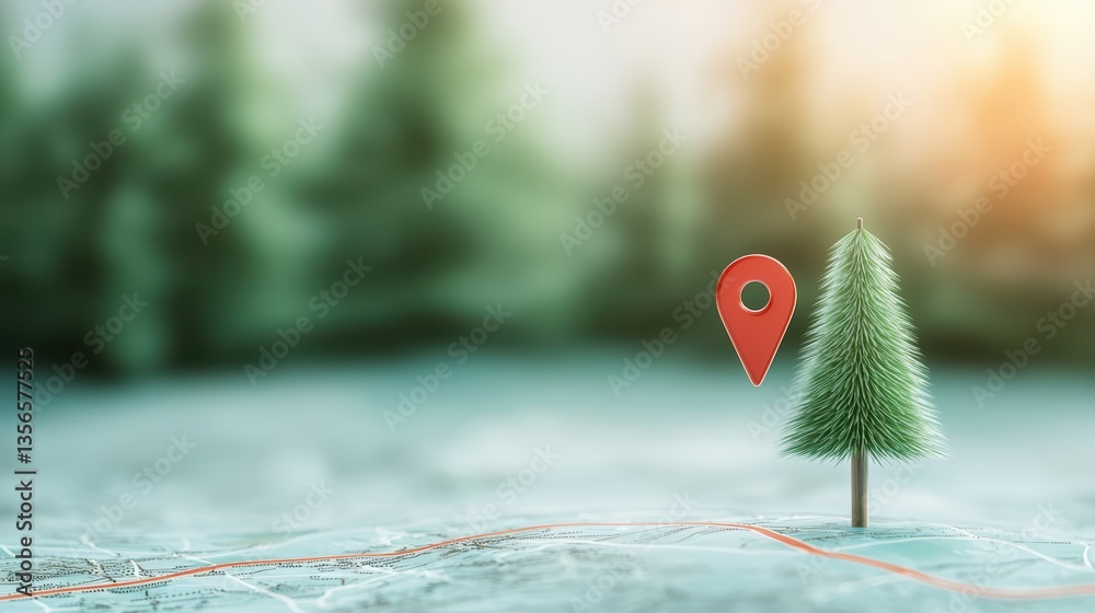 Aufkleber Icon Pin Location Marker Pin marker with a flag attached, placed on a map with a route marked, travel and exploration theme