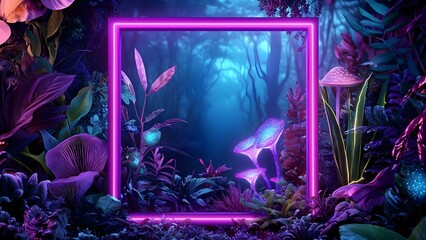 A vibrant, surreal forest scene framed by a glowing neon border, featuring colorful plants and mushrooms in a mystical atmosphere. Concept Surreal Forest Landscape, Neon Glow, Colorful Flora