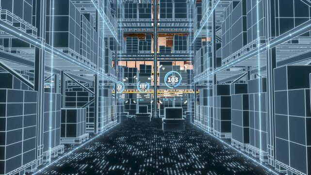 Warehouse Digitization and Digital Automation: AGV robots transporting cardboard boxes in logistics center. Graphic effects visualize optimized warehouse management. 3d rendering animation.