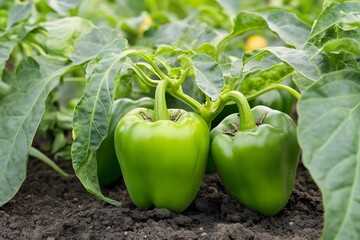 Fresh Green Bell Peppers Growing in Garden Soil