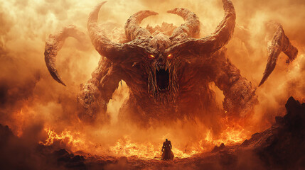 Revelation's Apocalyptic Beast: Depiction of the Seven-Headed, Ten-Horned Monster from the Book of Revelation, Signifying Eschatological Events and End-Time Prophecy, Biblical Conceptual Artwork