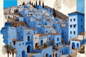 Fototapeta premium Historic blue village nestled in hills surrounded by palm trees and traditional architecture during daylight