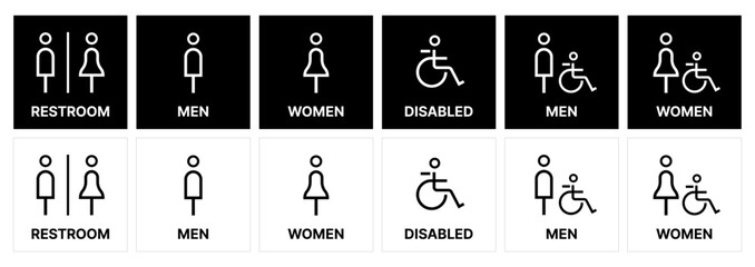 Restroom icon set. male and female toilet symbols. disabled icon. gender icon. restroom pictogram. WC signage on black and white SVG vector.	