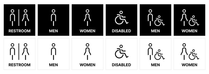 Restroom icon set. male and female toilet symbols. disabled icon. gender icon. restroom pictogram. WC signage on black and white SVG vector.	