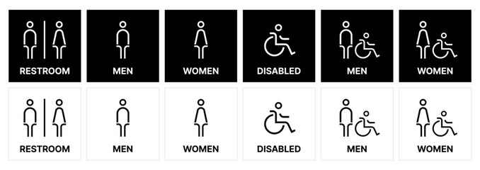Restroom icon set. male and female toilet symbols. disabled icon. gender icon. restroom pictogram. WC signage on black and white SVG vector.	