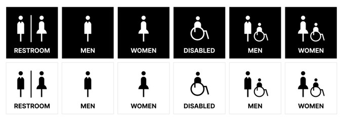 Restroom icon set. male and female toilet symbols. disabled icon. gender icon. restroom pictogram. WC signage on black and white SVG vector.	