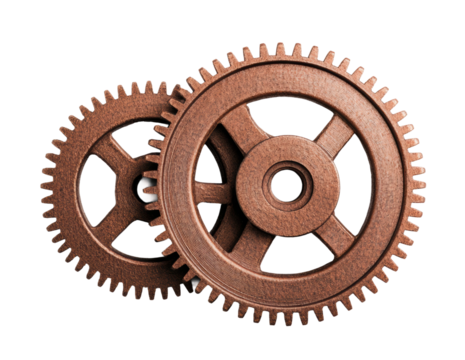 Two interlocking antique bronze metal gears against black background, cut out