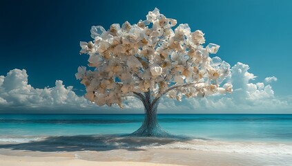 Plastic Bag Tree on Tropical Beach, Ocean Horizon, Blue Sky, Environmental Art, Nature