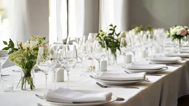 Elegant dining setup with white linens and glassware, captured from a low angle. Perfect for a wedding or event video showcasing sophistication.