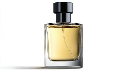 Fototapeta premium A front-facing view of a classic rectangular perfume bottle with a black cap, on a clear white background