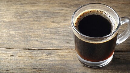 Top view of a glass mug of black coffee on a wooden table.