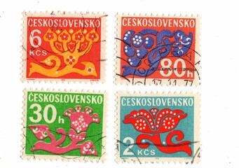 A set of vintage postage stamps from Czechoslovakia.