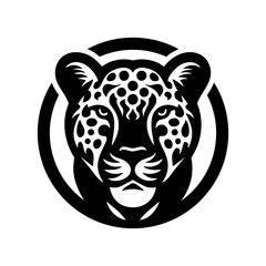 Leopard head logo vector illustration black and white. Wild animal sticker in circle