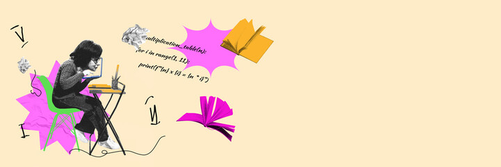 Adult woman surrounded by flying books and formulas, studying online with focus. Contemporary art collage. Concept of digital education, elderly lifestyle, learning. Photocopy effect.