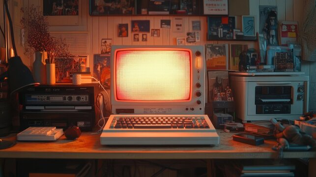 Retro Computer Setup: A nostalgic glimpse into the past with a vintage computer, cassette player, and warm lighting.