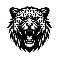 Leopard head logo vector illustration black and white. Wild animal sticker simple design
