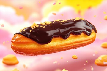 A delicious clair, drizzled with rich chocolate and topped with crunchy crumbs, floats against a soft pink background.