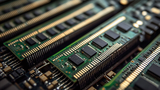 Computer chips assembly line in manufacturing plant, modern electronics production factory