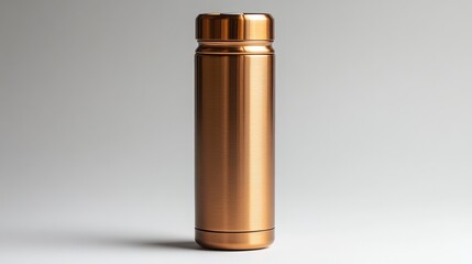 A front-facing view of a tall, slim reusable water bottle with a gold metallic finish, set against a clear white background