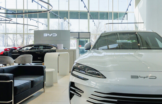 Almaty, Kazakhstan - March 14, 2025: Front of BYD Song Plus DM-i in the showroom