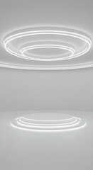 Obraz premium A futuristic white circular stage with glowing rings, set in a minimalistic and modern space 05