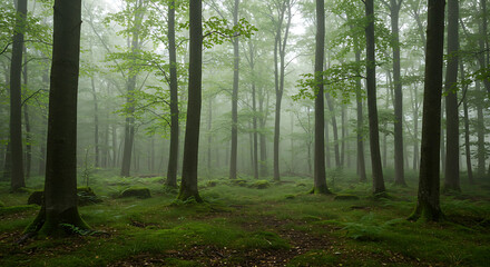 Obraz premium A foggy forest with tall trees and green ground cover