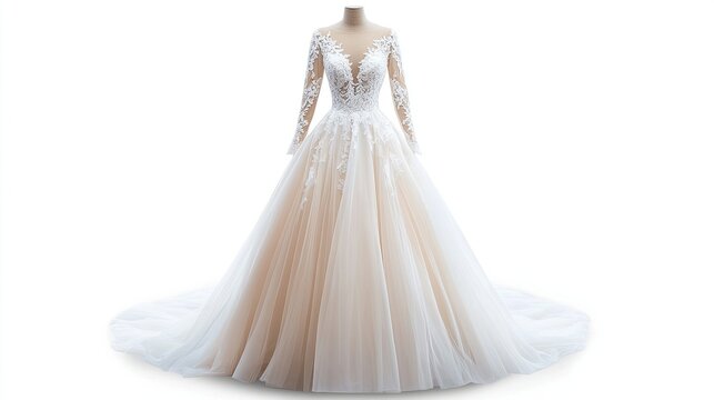 Elegant wedding gown with lace sleeves and voluminous tulle skirt on mannequin in studio light