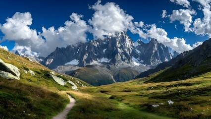 Obraz premium A stunning mountain landscape featuring towering peaks, lush green fields, and a clear blue sky with fluffy clouds. Concept Mountain Peaks, Lush Green Fields, Clear Blue Sky, Fluffy Clouds