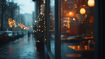 A Cozy Caf&eacute; Nestled on a Foggy City Street with Warm Lights