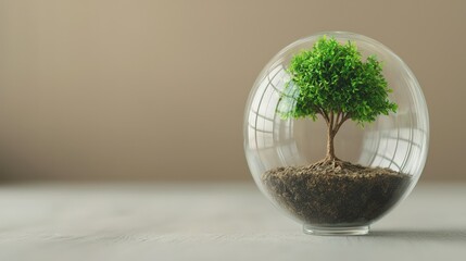 Strategic planning vision sustainability concept. Miniature tree in a glass dome on a neutral background.