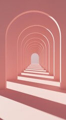 A surreal pink corridor with repeating archways, creating a dreamy and endless perspective with soft lighting and shadows 03
