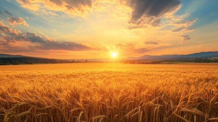 Sunset Over a Lush Field of Wheat Glowing in Warm Tones