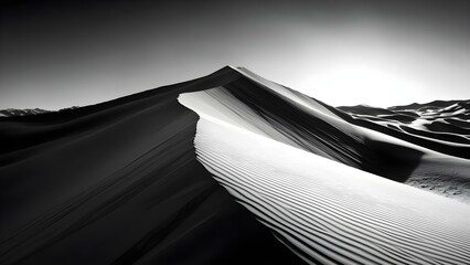 A dramatic black and white image of a sand dune, highlighting its curved, textured surfaces and sharp angles against the sky. Concept Dramatic Black and White Photography, Sand Dune Textures