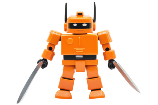 Orange toy robot with swords facing forward on white background, cut out