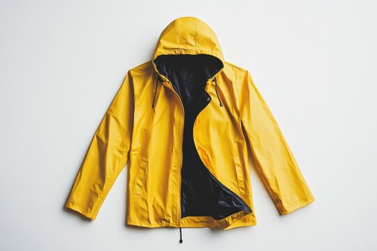 A yellow rain jacket is displayed open and flat on white