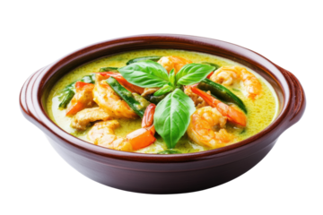 Thai green curry with shrimp in brown bowl garnished with basil leaves, cut out