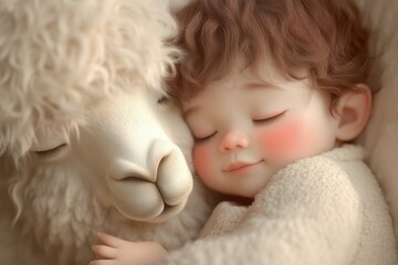 A peaceful scene of a baby sweetly sleeping next to a fluffy white llama, a tender moment of innocence and companionship.