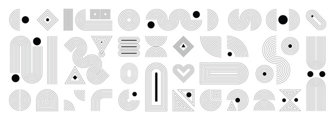 Hand drawn abstract minimal element mid century vector set. Aesthetic contemporary stripe line art, geometric shape in monochrome. Art form design for wall art, decoration, wallpaper.