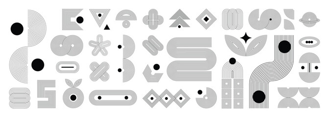 Hand drawn abstract minimal element mid century vector set. Aesthetic contemporary stripe line art, geometric shape in monochrome. Art form design for wall art, decoration, wallpaper.