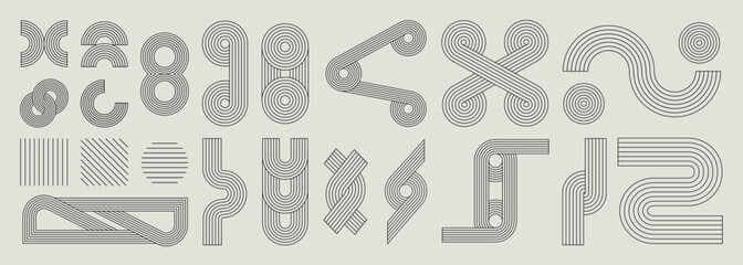 Fototapeta premium Hand drawn abstract minimal element mid century vector set. Aesthetic contemporary stripe line art, geometric shape in monochrome. Art form design for wall art, decoration, wallpaper.
