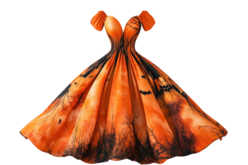 A Captivating Halloween-themed Orange Dress, Swirling With Spooky Silhouettes Against A Fiery Sunset Backdrop, Ready To Enchant Any Autumnal Celebration With Its Playful, Vintage-inspired Design And F