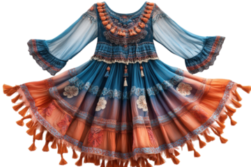 A Captivating Bohemian Dress, A Vibrant Sunset Captured In Flowing Silk, Adorned With Intricate Embroidery And Playful Tassels, Showcasing Rich Teal, Burnt Orange, And Subtle Beige Tones Isolated on T