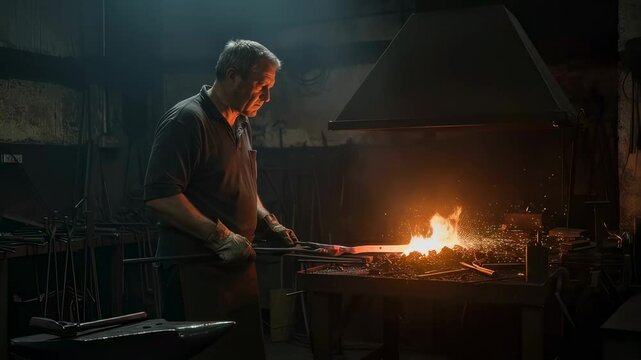 Man forging metal in traditional blacksmith workshop. Skilled craftsman working with hot iron on anvil. Ancient metalworking technique for creating tools and art